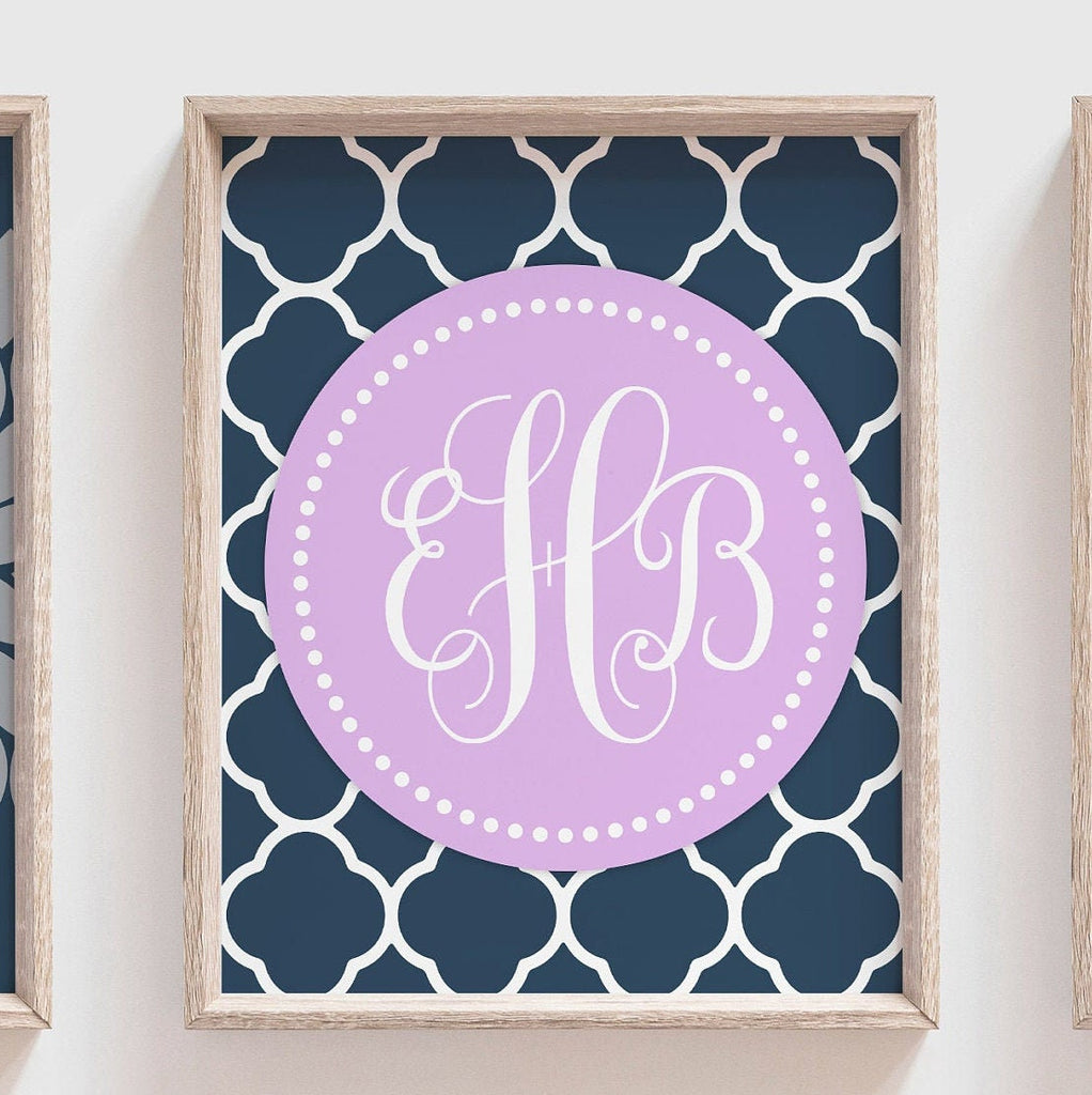 Lavender nursery decor girl, personalized name gift, baby shower gift girl, purple girls room wall art print set, monogram nursery initials