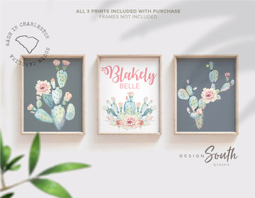 Baby girl nursery wall art, succulent theme baby shower, pink and mint wall art for baby, girl's bedroom decor ideas, cactus theme nursery