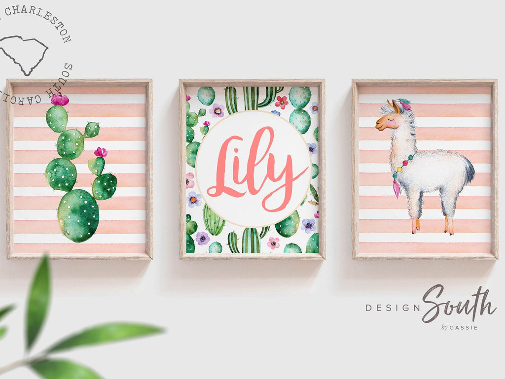 Succulent kids room art, personalized name, baby gift boho, desert cactus, baby shower llama cactus succulents, llama prints, girls room art – unframed wall art print for kids room or nursery.