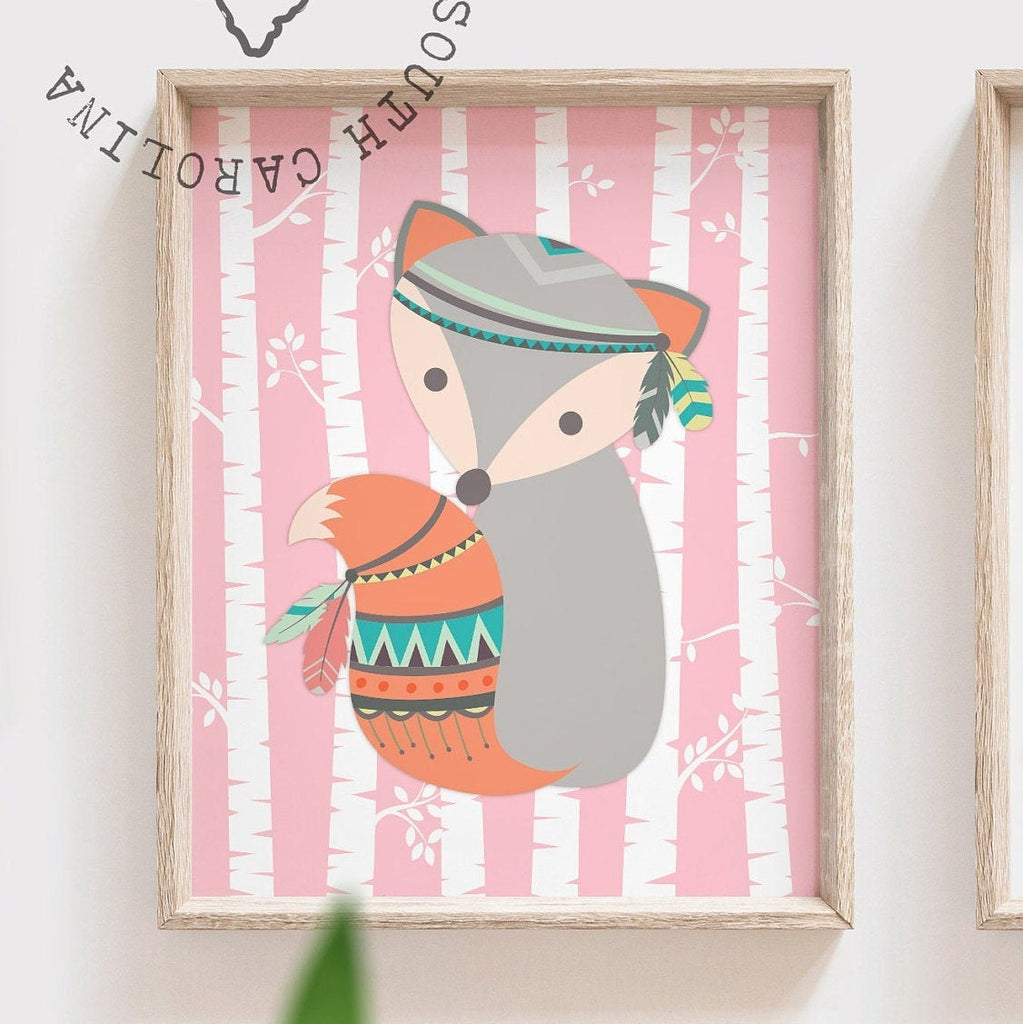 Baby girl mountain nursery decor, woodland pink fox girl, pink and gray fox art, woodland nursery girl, pink fox, pink coral mint woodland