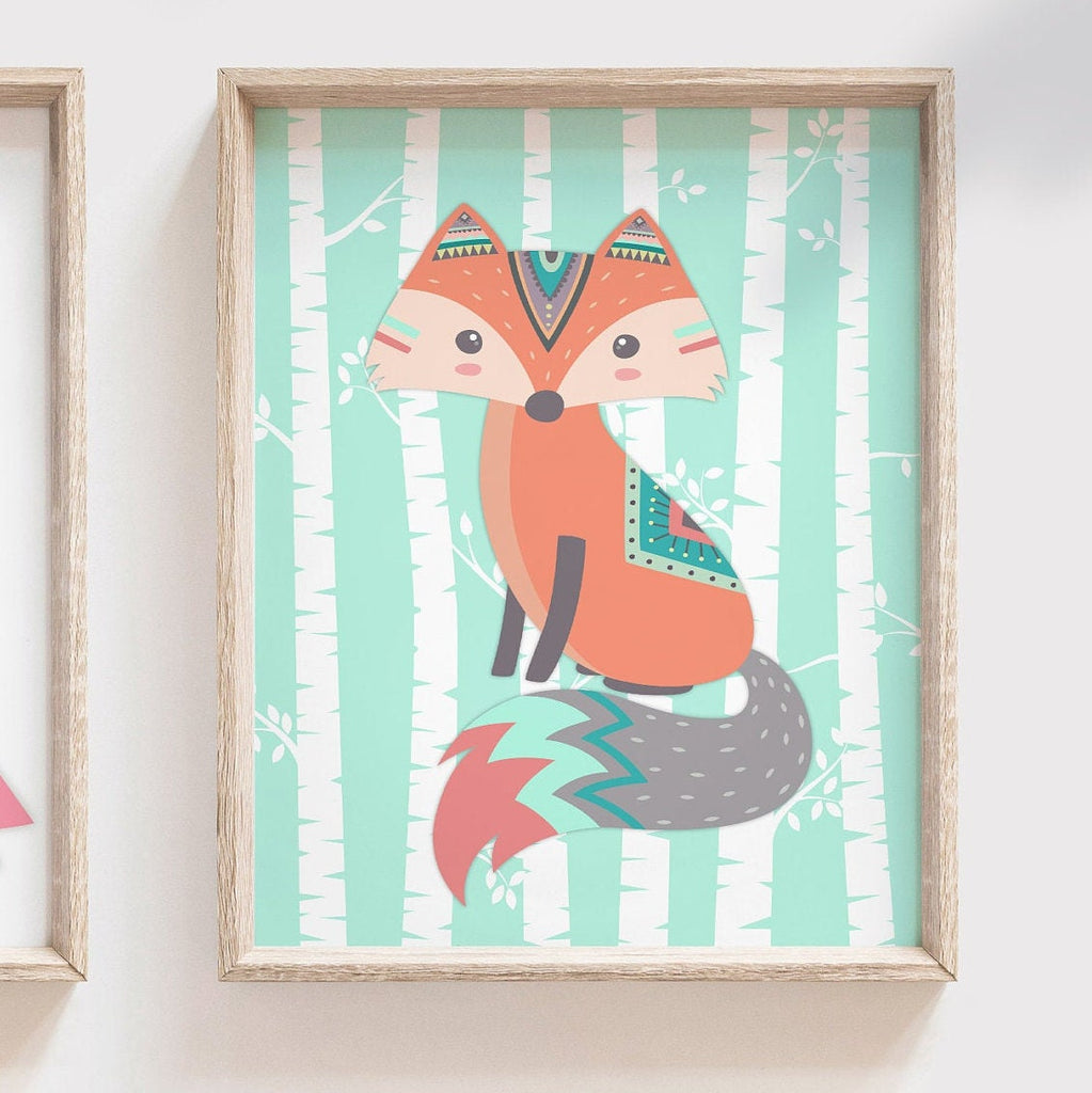 Baby girl mountain nursery decor, woodland pink fox girl, pink and gray fox art, woodland nursery girl, pink fox, pink coral mint woodland