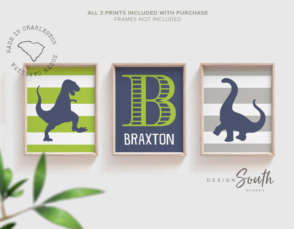 dinosaur_bedroom_art,baby_boy_dinosaur,wall_art_for_boys,toddler_kids_room,lime_green_and_navy,wall_poster_children,navy_blue_gray,print_set_gallery,birthday_boy_gift,shower_dinosaur_gift,unique_personalized,boys_name_print,dinosaur_monogram