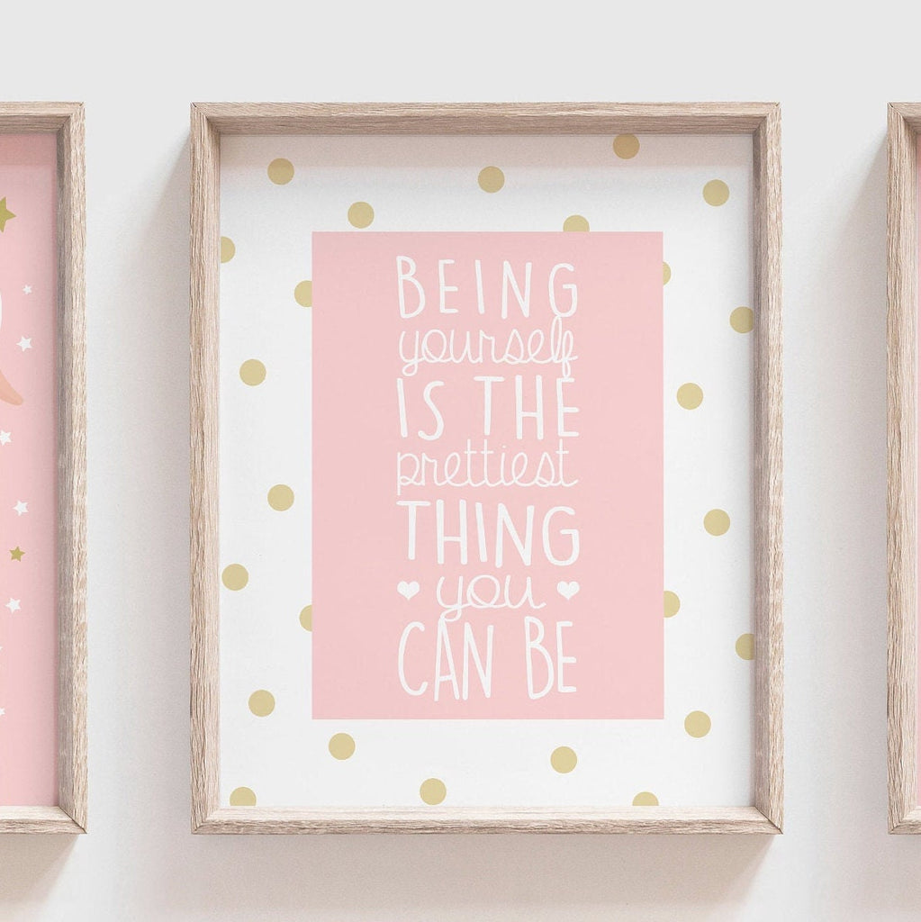 Pink gold nursery, blush nursery wall art, pink nursery prints, pink and gold, being yourself is the prettiest, be yourself, pink swan decor