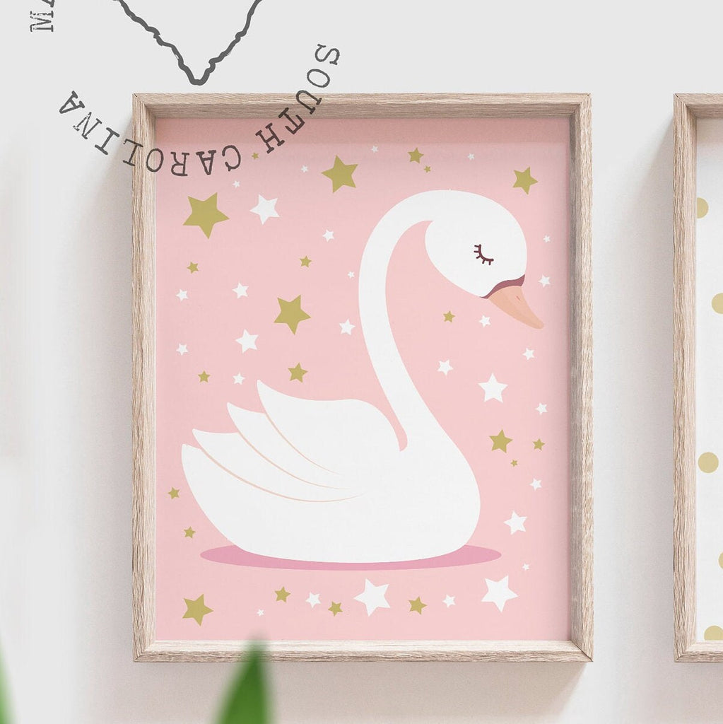 Baby girl nursery ideas light pink, polka dots, stars, pink swans, blush pink nursery, baby room prints, girl nursery ideas, pastel pink art