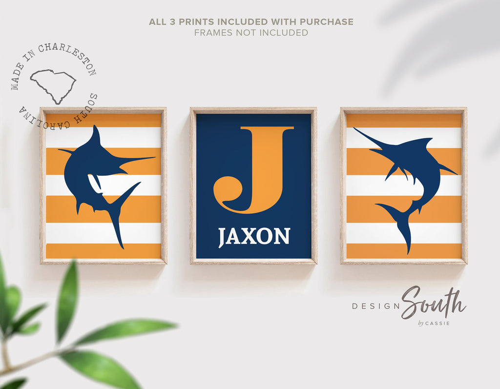 nautical_nursery,nautical_playroom,nautical_bathroom,nautical_decor,blue_and_orange,marlin_fish_print,nursery_art,prints,prints_for_children,orange_and_navy,fish_art,print,navy_white_orange
