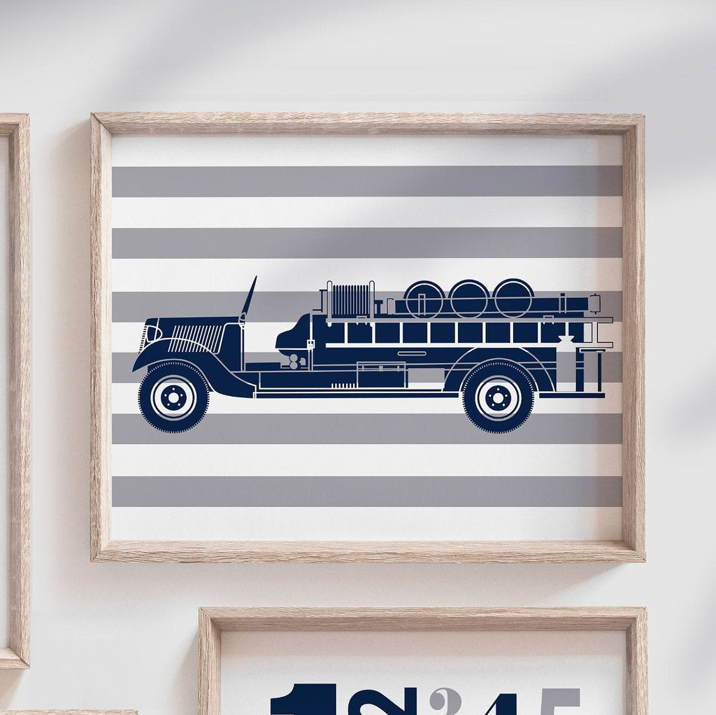 Playroom firetruck wall art, firetruck decor little fireman, nursery antique firetruck theme, boy's firetruck prints, baby boy fireman art