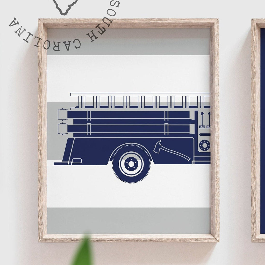 Fire truck nursery decor, little firefighter gift, navy firetruck art, firetruck theme, boys firetruck decor, boy wall art firefighter gift
