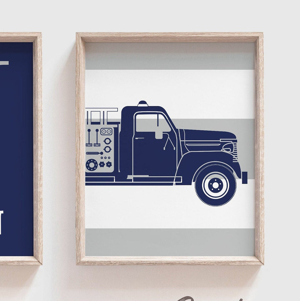 Fire truck nursery decor, little firefighter gift, navy firetruck art, firetruck theme, boys firetruck decor, boy wall art firefighter gift