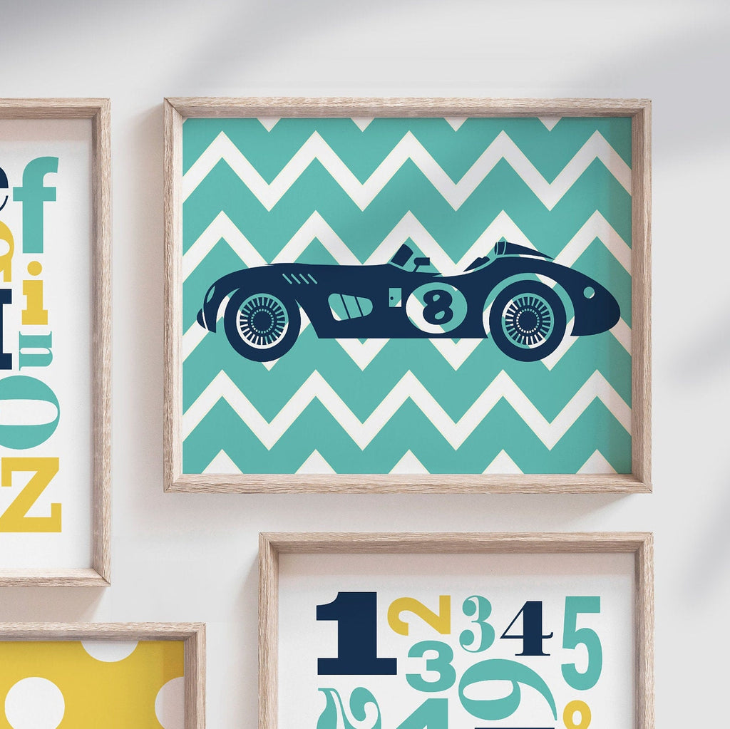 Yellow teal, boy car nursery, boy car bedroom, car wall art prints, kid car theme art, race car decor, boys race car art, navy blue kid art – unframed wall art print for kids room or nursery.