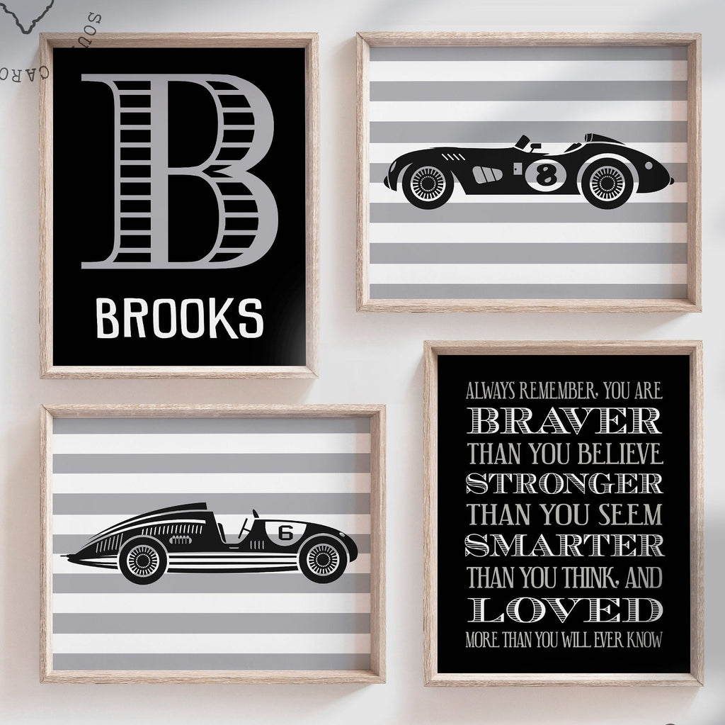 Vintage racecar prints, vintage car nursery, black and gray art, racecar nursery theme, boys racecar nursery, racecars, boys racecar bedroom – unframed wall art print for kids room or nursery.