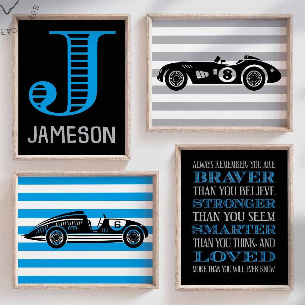 Vintage race car prints, vintage car nursery, race car nursery theme, boys race car nursery, race cars, boys racing bedroom, blue racing – unframed wall art print for kids room or nursery.