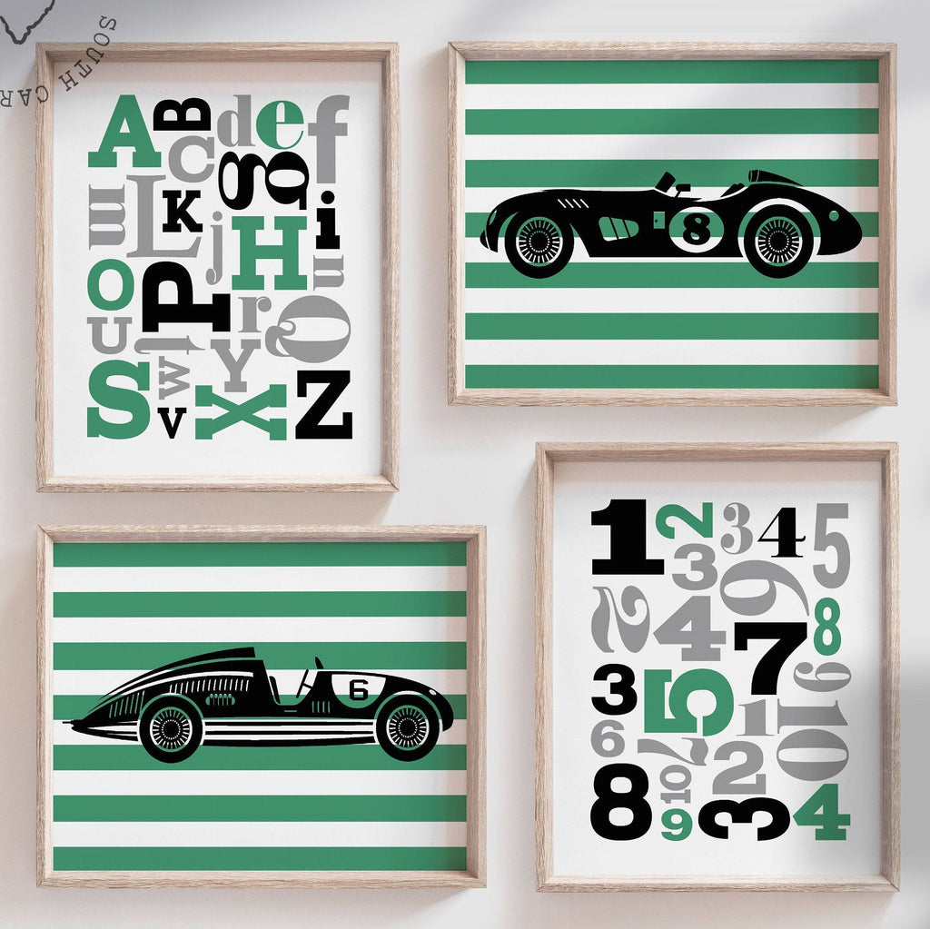 Vintage race car nursery, race car nursery, boys race car nursery, race cars, boys race car bedroom, race car art, green race cars, boys art – unframed wall art print for kids room or nursery.