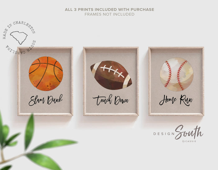 Sports baby gift, sports nursery wall art decor, basketball slam dunk art print, football touch down art print, baseball home run art print