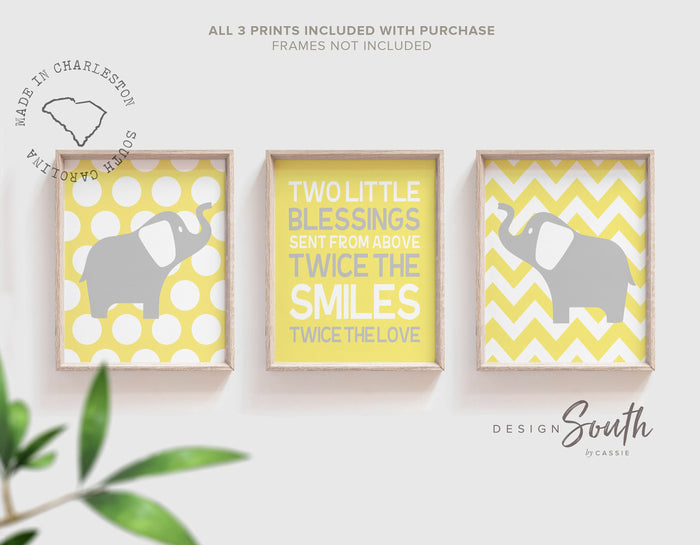 Twin nursery decor, elephants for twins, quote for twins, yellow and gray nursery wall art, two little blessings, gray and yellow nursery