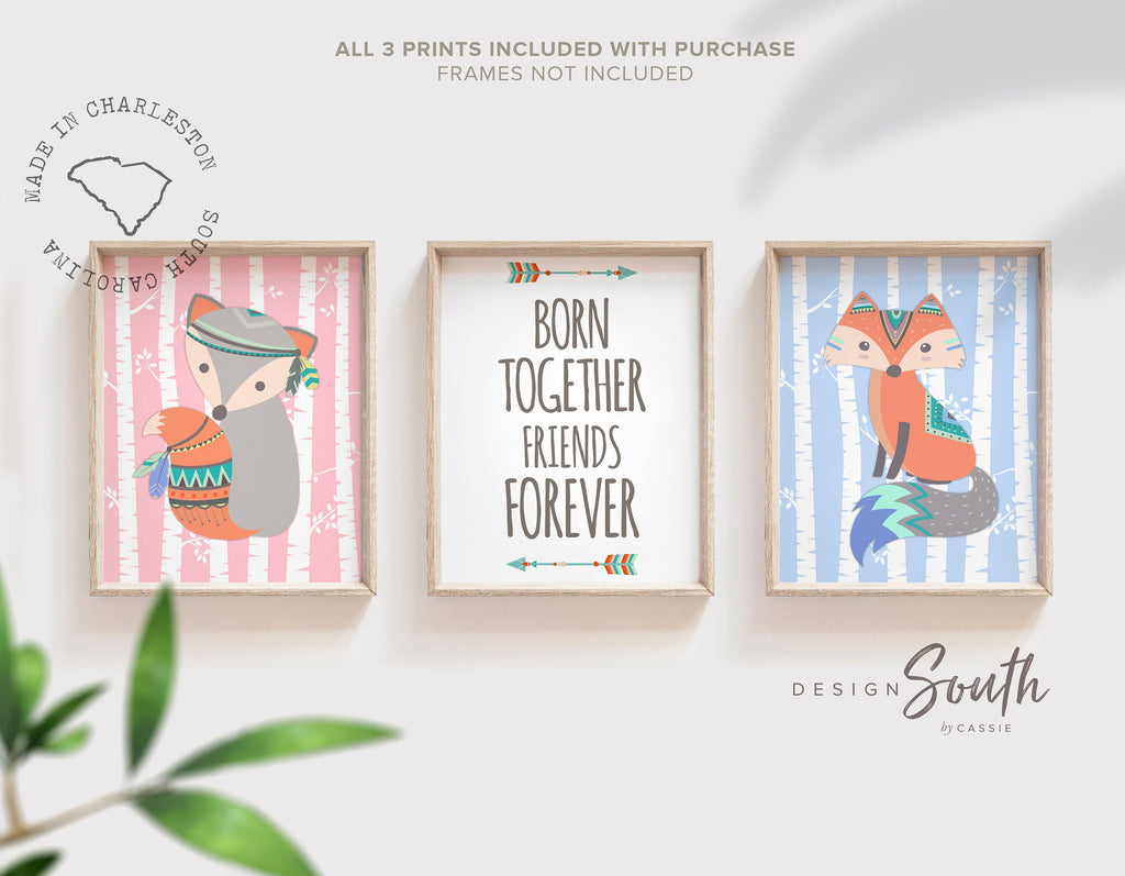 twins_nursery,quote_for_twins,twin_nursery_decor,pink_blue_twin_gift,pink_and_blue_twins,kids_twin_playroom,boy_and_girl_twins,boy_girl_twin_gift,woodland_twin_art,fox_twin_decor,nursery_ideas_twins,born_together,friends_forever
