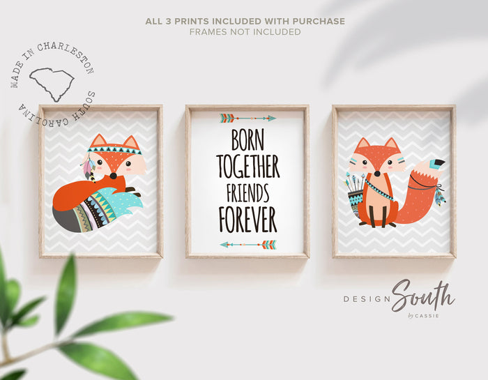 Woodland art for twins, quote for twins art print, navy aqua animal wall art for twins, born together friends forever, tribal animal gift