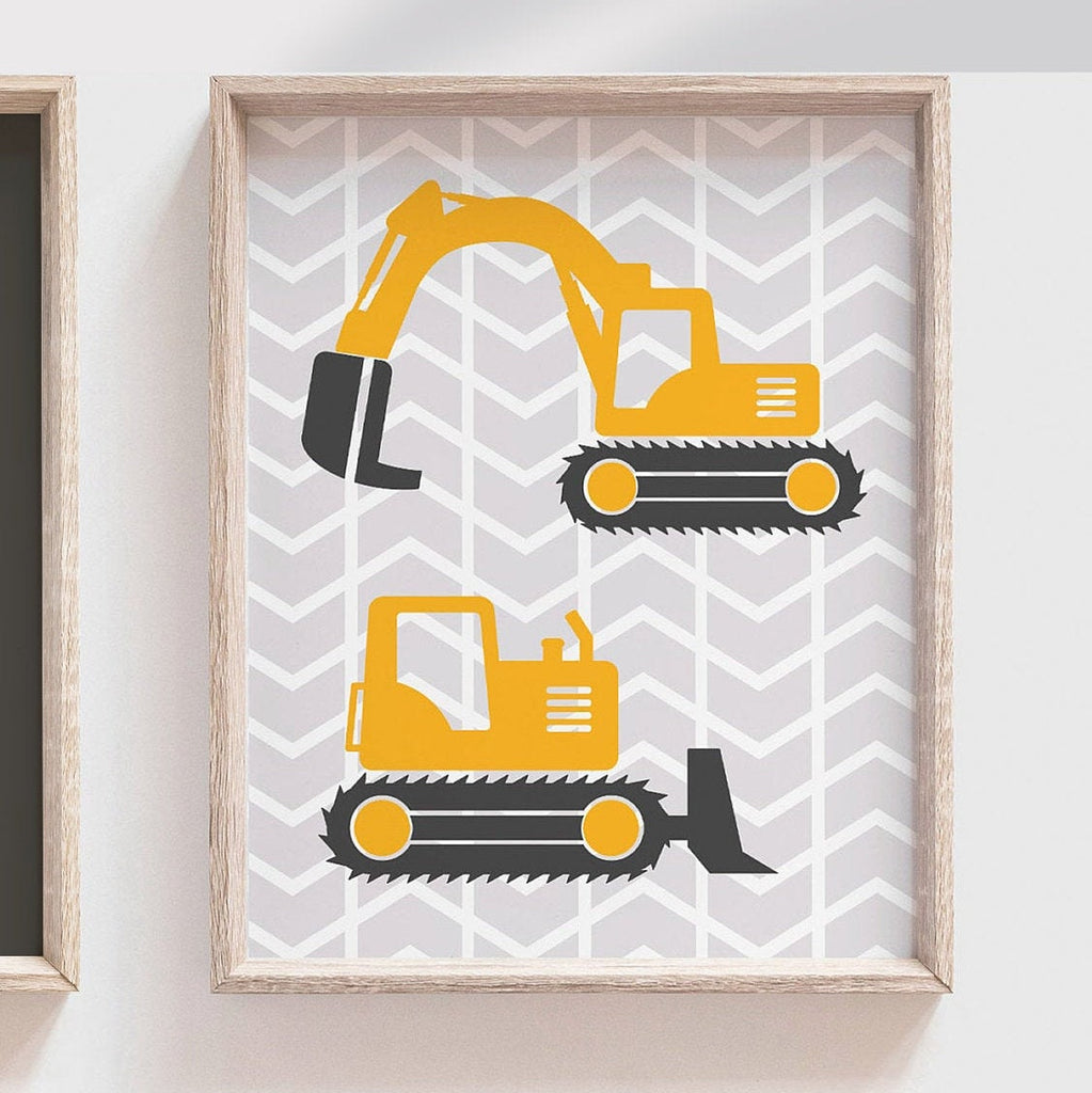 Yellow gray kids construction room, dream it build it, boys room, kids construction art, digger art, boys bedroom construction theme decor – unframed wall art print for kids room or nursery.