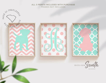 baby_girl_puppies,baby_girl_puppy_art,puppy_nursery,puppy_nursery_decor,baby_puppy_decor,puppy_nursery_theme,puppy_dog_nursery,monogram_initial,girls_name_gift_art,child_room_ideas,playroom_wall_art,coral_pink_and_mint,coral_pink_and_teal