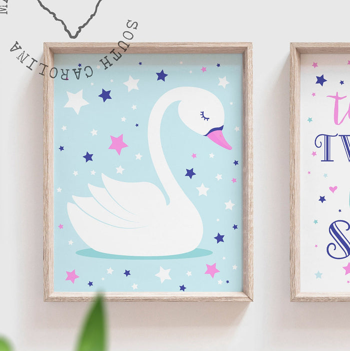 Swan nursery room, pink star nursery, baby shower girl gift, navy and hot pink swan, white swan art print, swan baby room, cloud island set
