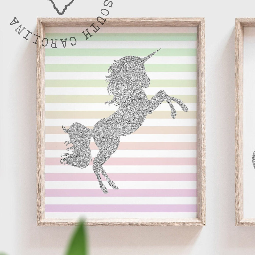Unicorn nursery art, rainbow unicorn theme girl's room, unicorn wall art baby girl, personalized unicorn poster print set, mermaid sparkle – unframed wall art print for kids room or nursery.