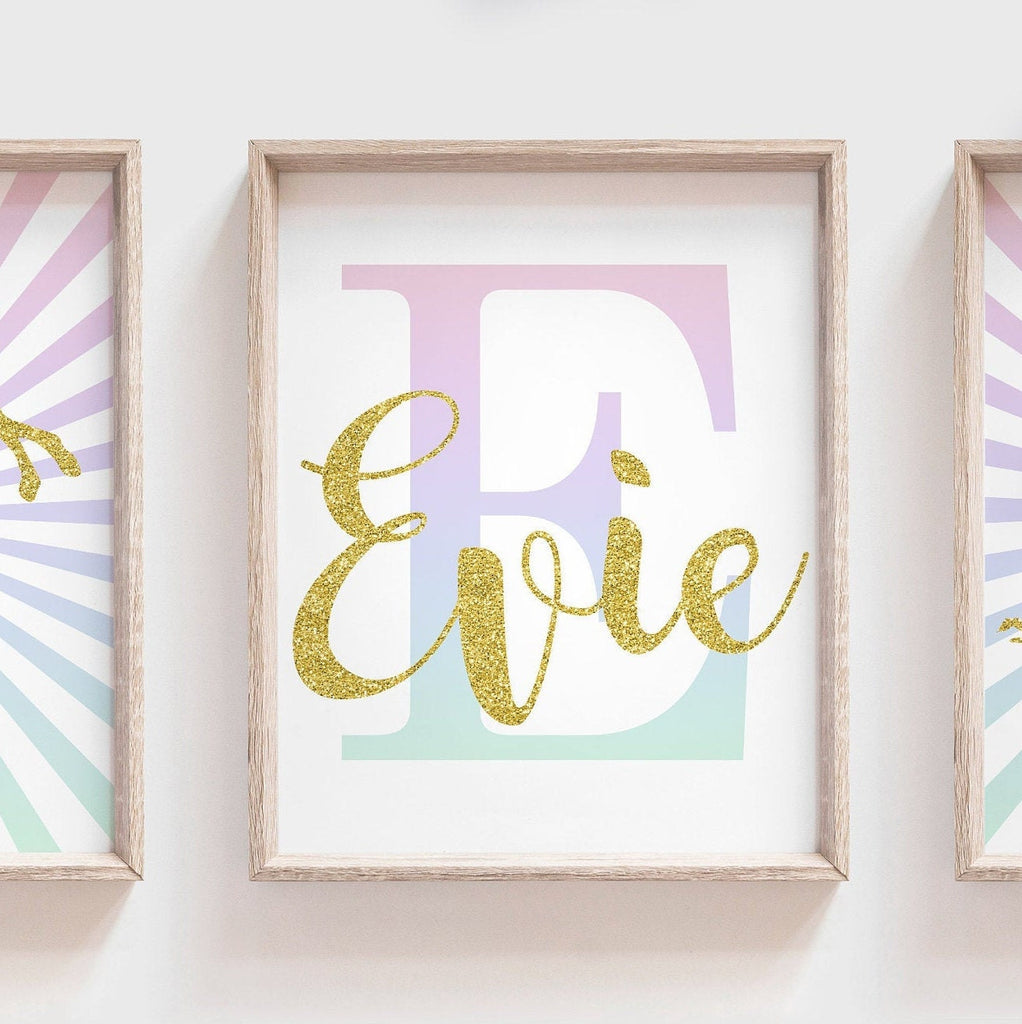 Unicorn wall art, personalized name unicorn decor, unicorn poster nursery wall art, kids room wall, baby girl nursery gold glitter rainbow – unframed wall art print for kids room or nursery.