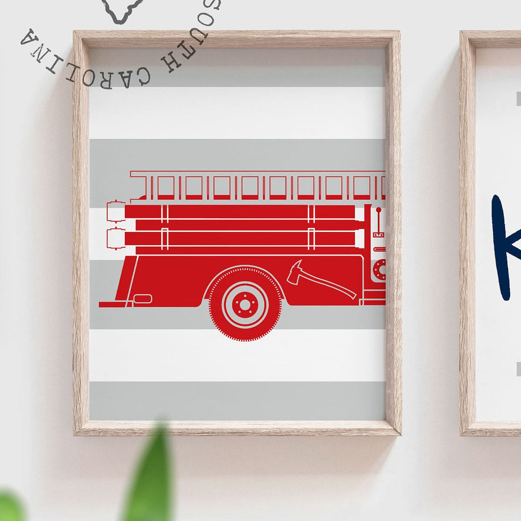 Red navy blue gray fire truck wall art, baby boy nursery fire truck theme personalized, name art red fire truck decor, baby shower fireman