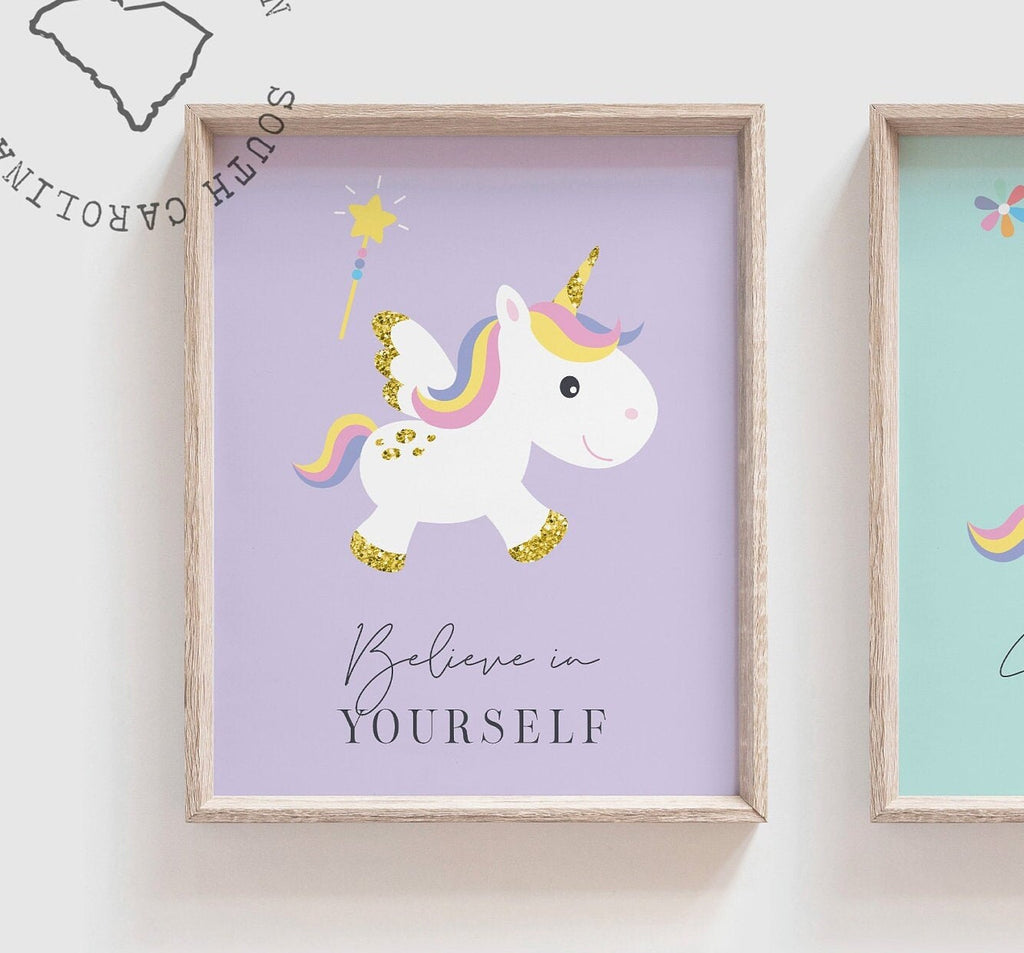 Pastel unicorn nursery art set of four 4, rainbows butterflies unicorns flowers decor, cute baby unicorn nursery wall art prints, pastel art