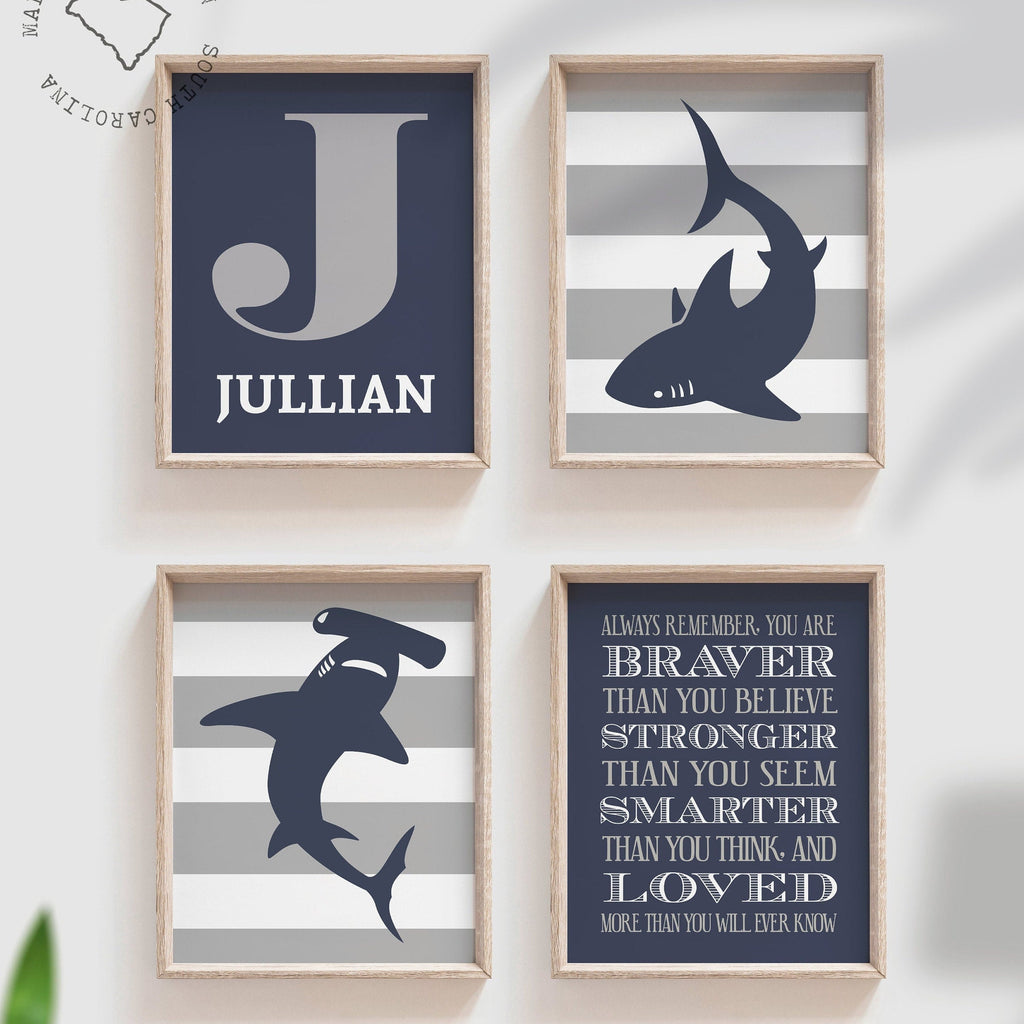 Boys navy blue and gray shark room decor, boys wall art, big boy bedroom, boys shark bedroom personalized name, shark nursery, shark decor