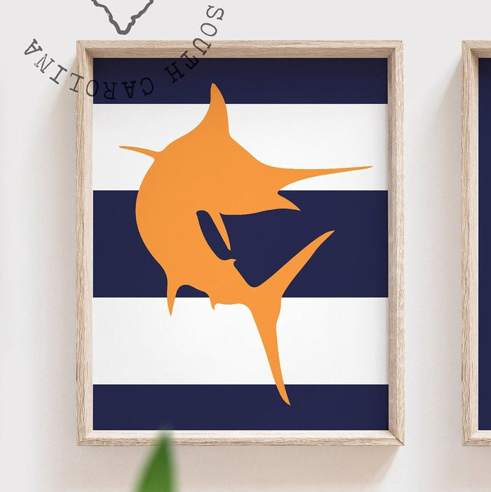 Saltwater fish prints, decor for boy litter fisherman, navy blue and orange playroom decor, personalized fish signs, gift for birthday boy