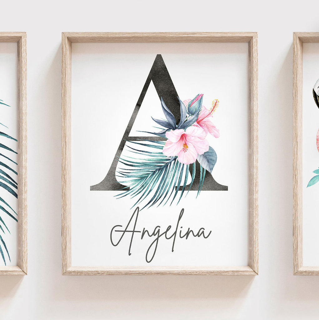 Tropical leaves girl's room wall art, flamingo nursery decor, tropical hawaiian theme room, tropical baby shower gift for girl personalized