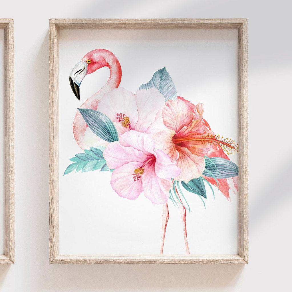 Tropical leaves girl's room wall art, flamingo nursery decor, tropical hawaiian theme room, tropical baby shower gift for girl personalized