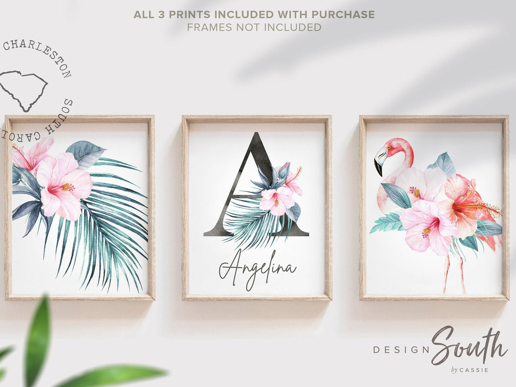 Tropical leaves girl's room wall art, flamingo nursery decor, tropical hawaiian theme room, tropical baby shower gift for girl personalized
