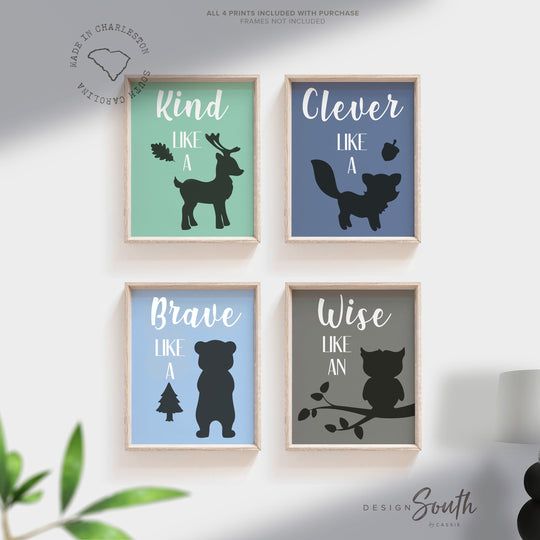 woodland_animals,brave_bear_wise_owl,woodland_creatures,boy_shower_gift,big_boy_bedroom,fox_bear_owl_deer,adventure_theme,set_of_four,nursery_decor_set,little_boys_room,monochrome_kids,pictures_for_kids,baby_shower_gift