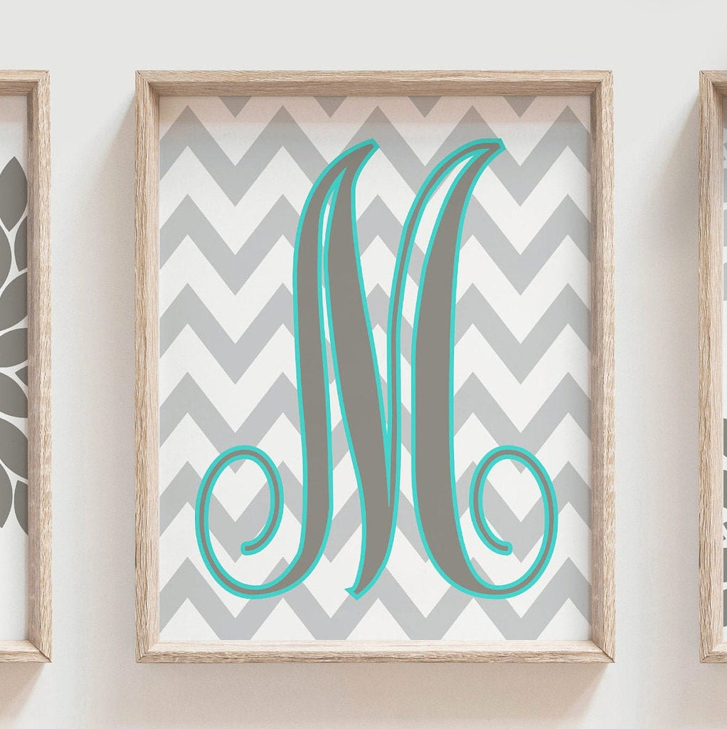 Girls bedroom wall decor turquoise and gray, little girl's monogram teal turquoise, nursery monogram girl, floral pictures for girls room