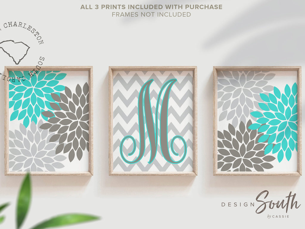 Girls bedroom wall decor turquoise and gray, little girl's monogram teal turquoise, nursery monogram girl, floral pictures for girls room