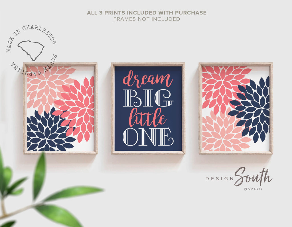 baby_girl_nursery,navy_and_coral,nursery_art_coral,nursery_wall_art,navy_nursery_wall,navy_flower_wall_art,coral_flower_art,children_kids_girls,girls_bedroom_wall,wall_art_for_girls,inspirational_quote,girls_room_quote,dream_big_little_one