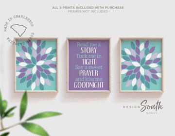 girls_flower_decor,baby_girl_wall_art,baby_girl_wall_decor,baby_shower_gift,newborn_girl_gift,nursery_purple_teal,floral_flower_burst,nursery_quote_print,above_crib_ideas,girls_room_wall_art,wall_gallery_bright,flower_nursery_decor,aqua_purple_teal