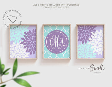 little_girls_room,girls_bedroom_theme,girls_monogram_print,little_girls_decor,gift_for_girl_purple,children_kids_art,toddler_wall_decor,lilac_purple_aqua,monogram_baby_girl,personalized_gift,shower_gift_girl,floral_nursery_art,birthday_gift_girl