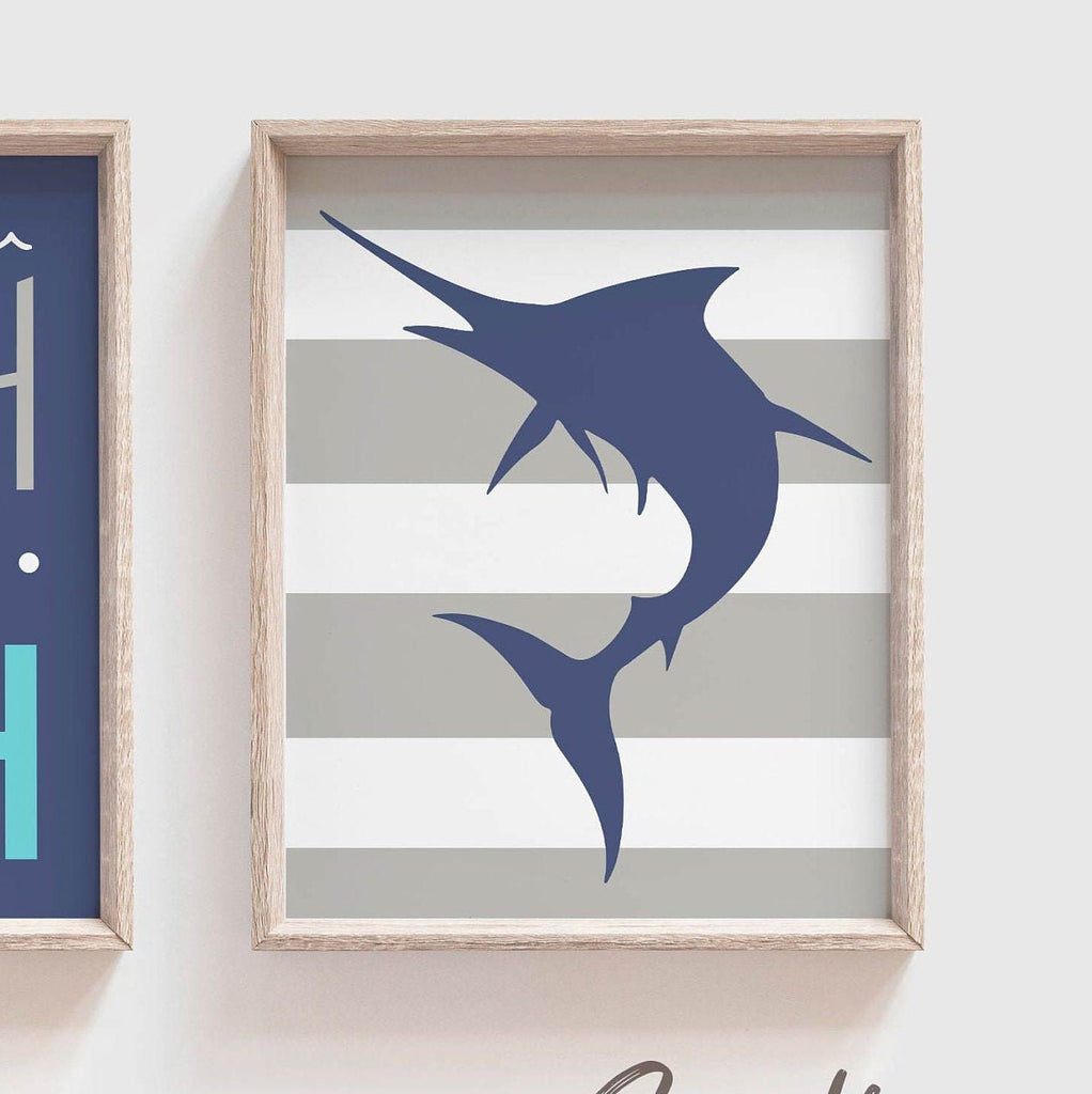 Boys bathroom decor gray and navy blue, marlin fish theme baby boy, fish baby shower gift, fisherman gift for baby, toddler bathroom decor