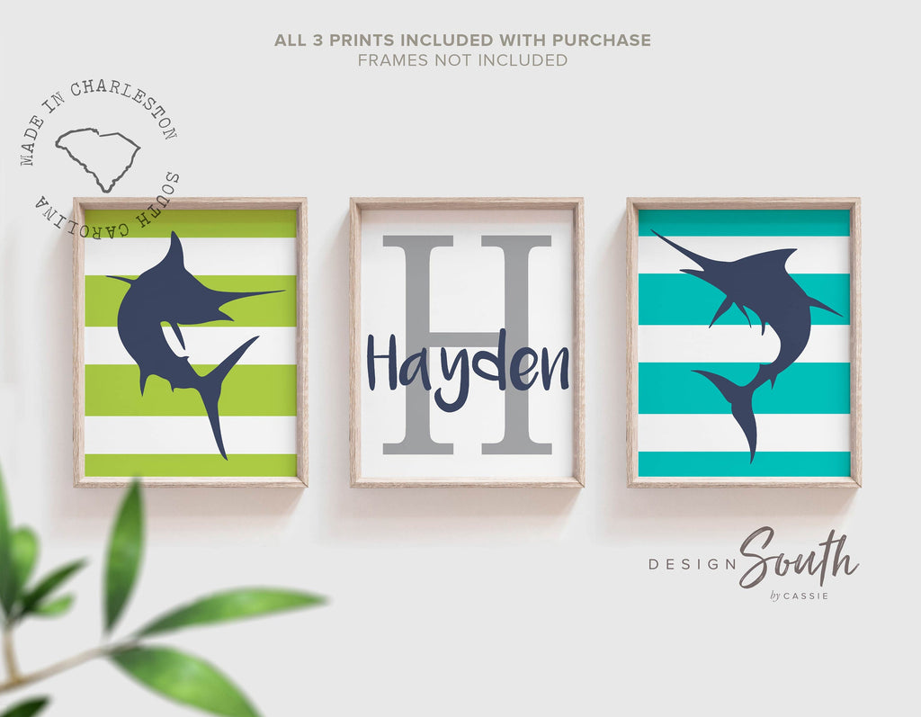 marlin_fish_prints,nursery_decor_fish,boys_bedroom_fish,boys_playroom_fish,fish_art_for_boys,wall_decor_for_boys,nautical_nursery,fish_theme_nursery,fish_pictures,lime_green_turquoise,marlin_fish_jumping,personalized_name,toddler_kid_bedroom