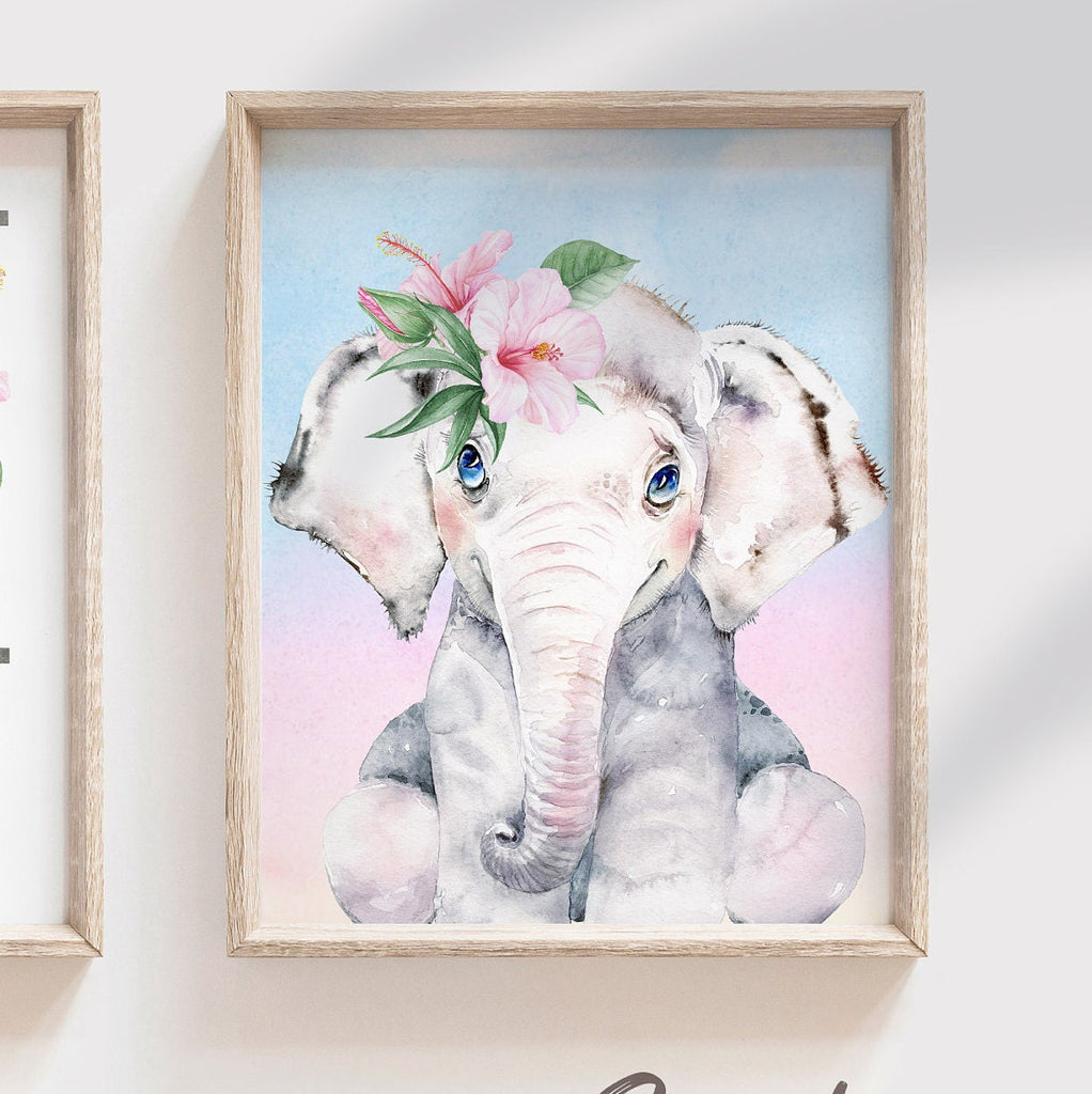 Tropical baby girl nursery wall decor, elephant nursery decor, tropical botanical girl bedroom theme, baby shower gift elephant personalized