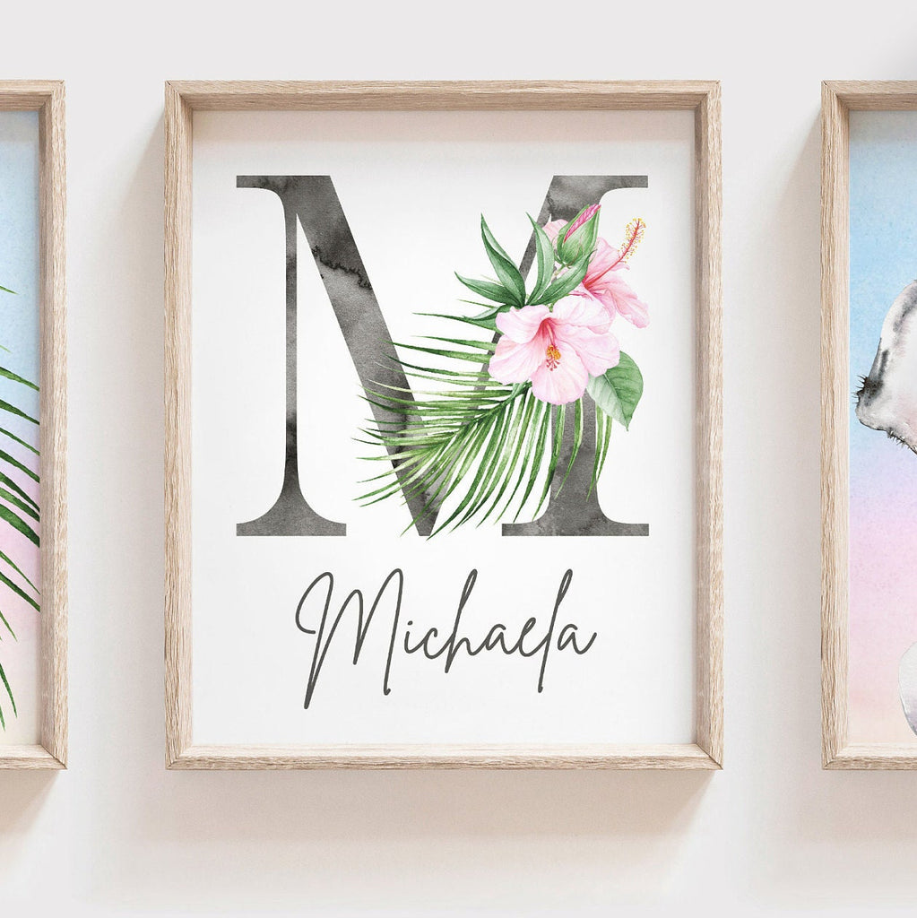 Tropical baby girl nursery wall decor, elephant nursery decor, tropical botanical girl bedroom theme, baby shower gift elephant personalized