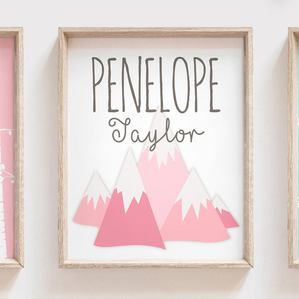 Baby girl mountain nursery decor, woodland pink fox girl, pink and gray fox art, woodland nursery girl, pink fox, pink coral mint woodland