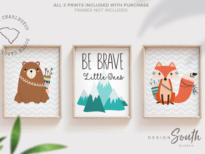 Twin woodland nursery or bedroom decor, kids shared bedroom wall art prints, be brave little ones, playroom wall ideas kids, children's wall