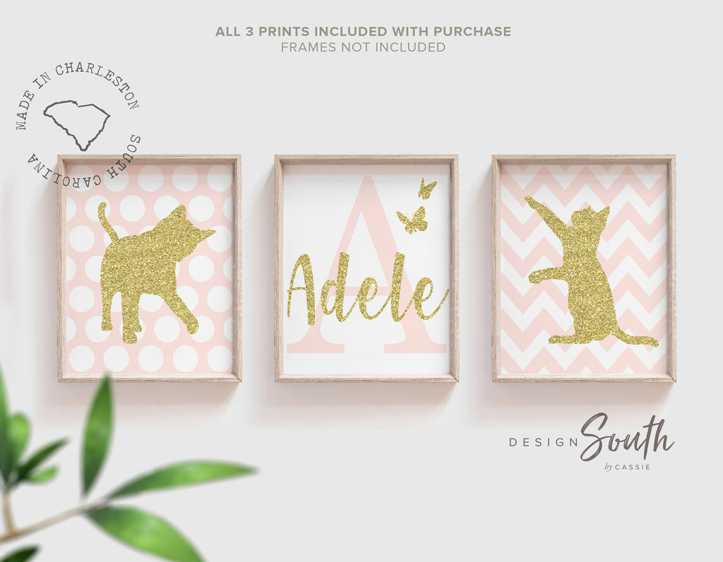 kittens_butterflies,pink_and_gold_room,girl's_bedroom_art,nursery_wall_decor,kids_cat_theme,birthday_gift,baby_shower_gift,personalized_name,baby_girl_nursery,kitty_cat_pictures,wall_decor_cat_art,pink_cat_nursery,shower_theme_cat