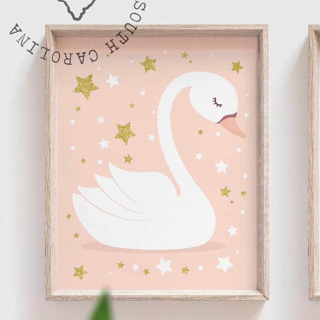 Peach mint gold nursery wall art, peach gold nursery decor, baby girl swan nursery art, swan theme girl nursery, dream big quote print set