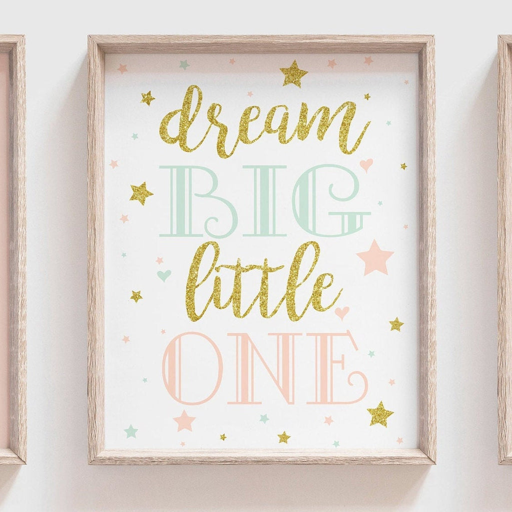 Peach mint gold nursery wall art, peach gold nursery decor, baby girl swan nursery art, swan theme girl nursery, dream big quote print set