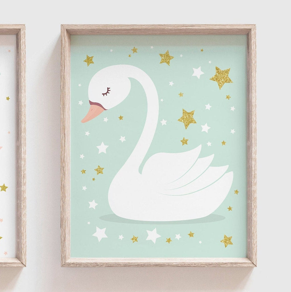 Peach mint gold nursery wall art, peach gold nursery decor, baby girl swan nursery art, swan theme girl nursery, dream big quote print set