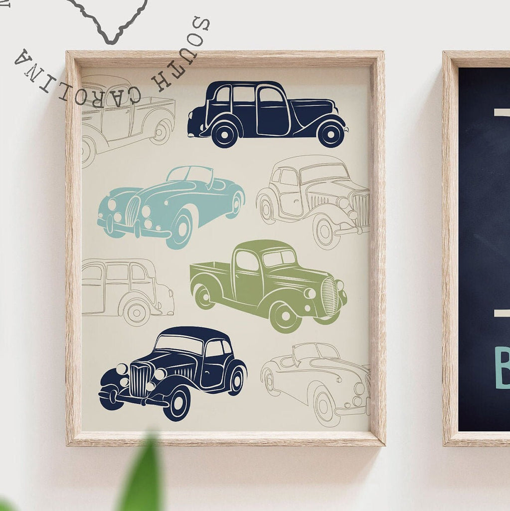 Baby boy nursery decor, baby boy nursery art, boy bedroom decor, boy bedroom art, retro car nursery art, retro car nursery decor, truck art