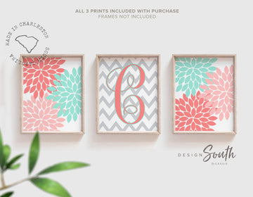 baby_girl_crib_set,coral_pink_floral,baby_girl_nursery,wall_art_girls_room,girls_room_decor,initial_in_coral,nursery_decor,girls_bedroom_wall,coral_and_teal_gift,shower_gift_for_girl,newborn_baby_gift,kids_playroom_ideas,playroom_monogram
